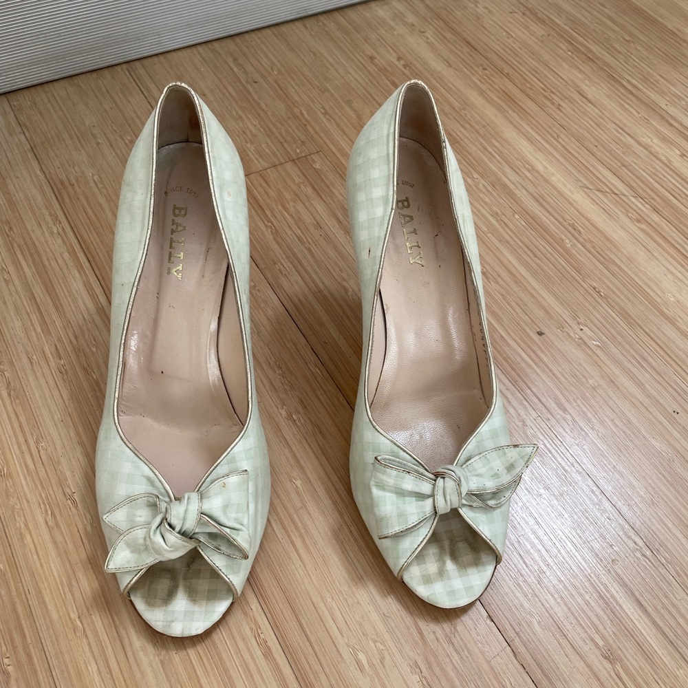 Bally Mint/Cream Gingham Heels with Bow Detail